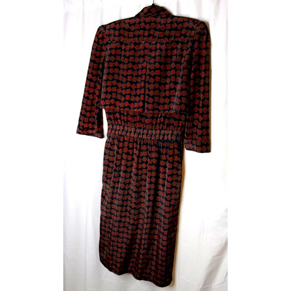 Vintage Liz Roberts midi dress 3/4 Sleeve Button Front Geometric 80s Red Navy - Picture 6 of 12